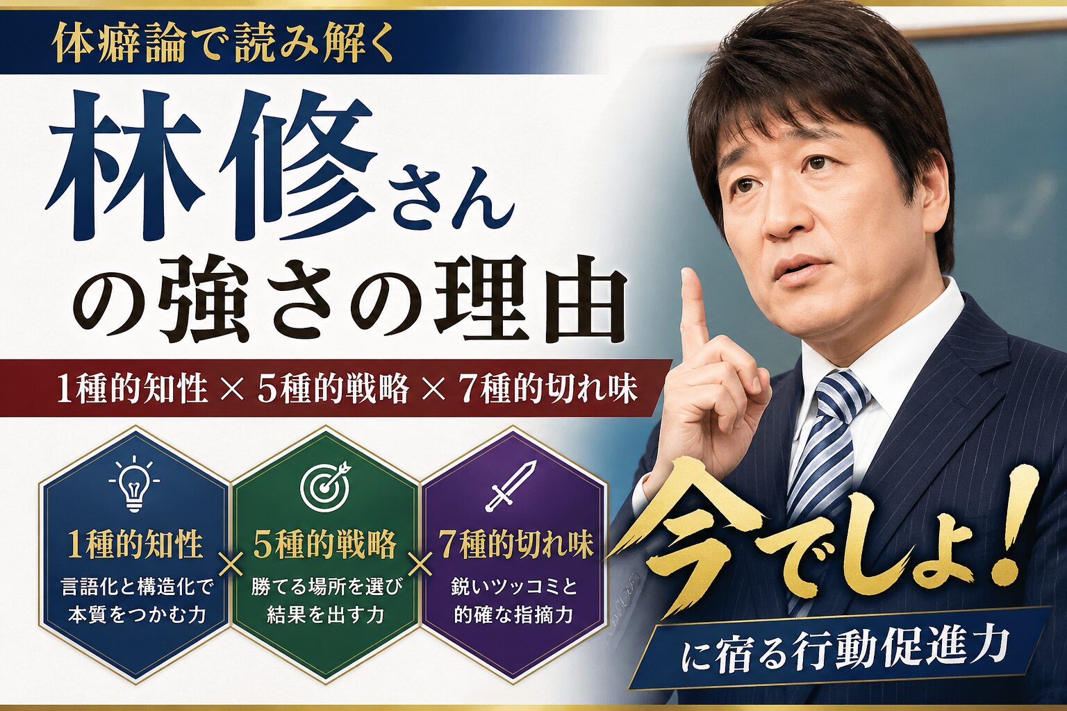 林修さん風のスーツ姿の人物イラストと、「林修さんを体癖論で読み解く」「1種的知性・5種的戦略・7種的切れ味」という文字が入ったアイキャッチ画像。