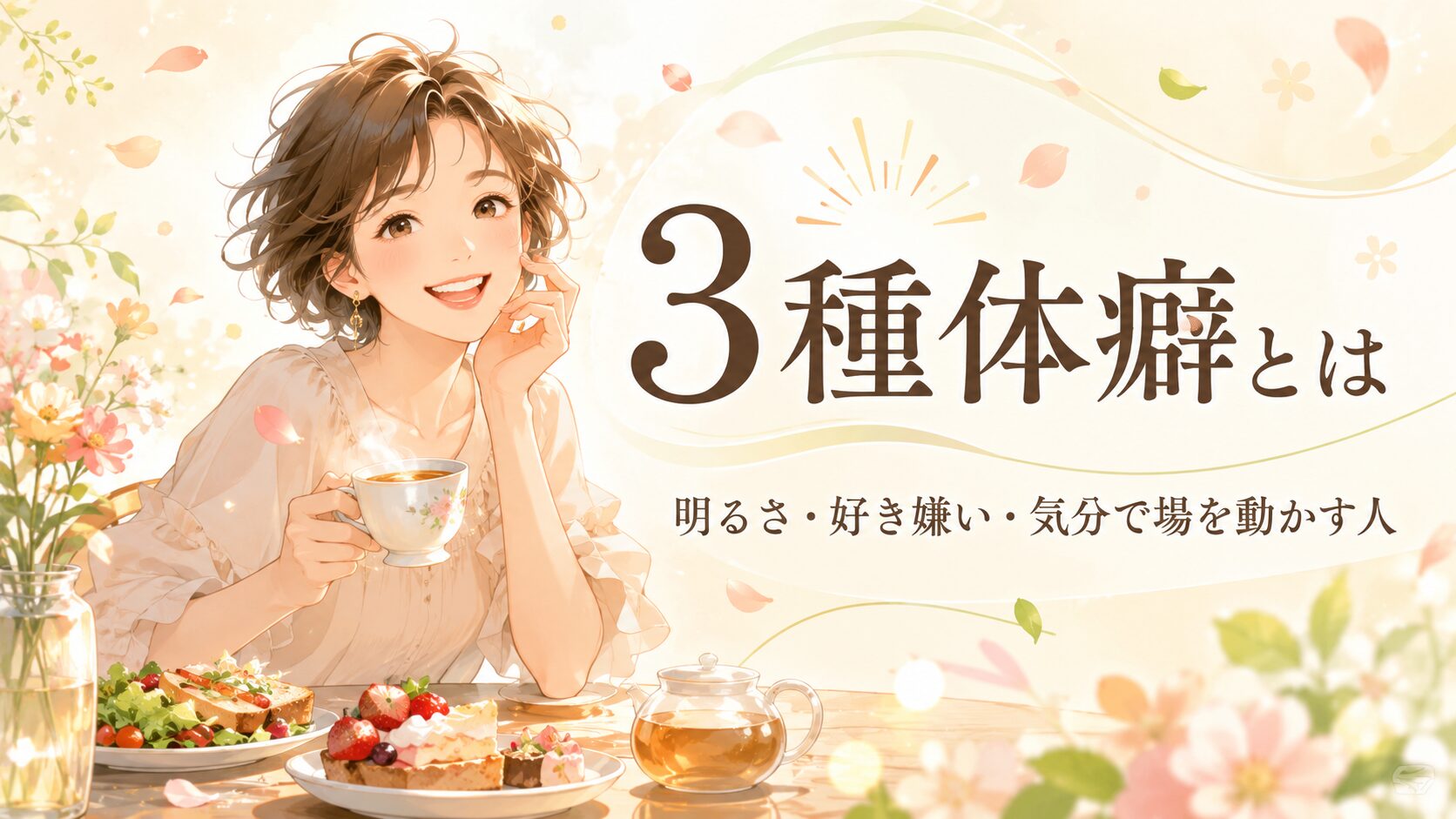 明るい雰囲気の女性がお茶とスイーツを前に笑顔で座り、「3種体癖とは」「明るさ・好き嫌い・気分で場を動かす人」という文字が配置された、3種体癖の記事用アイキャッチ画像。