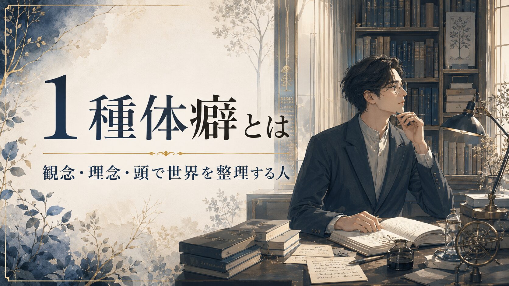 書斎で本を開きながら思索する知的な人物と、「1種体癖とは」「観念・理念・頭で世界を整理する人」という文字が配置された、1種体癖の記事用アイキャッチ画像。