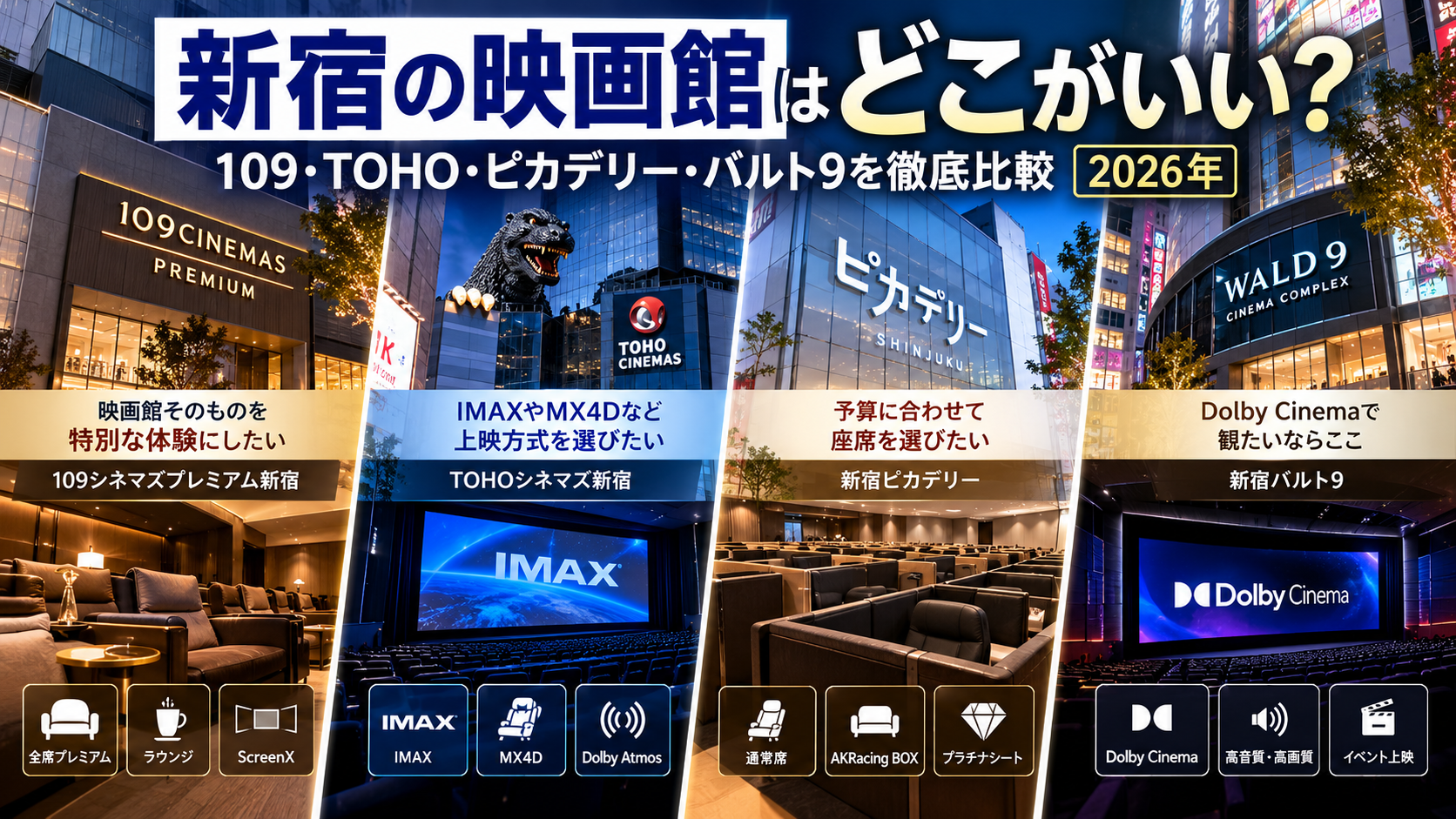 新宿の主要映画館4館を料金・座席・上映設備で比較する記事のサムネイル画像