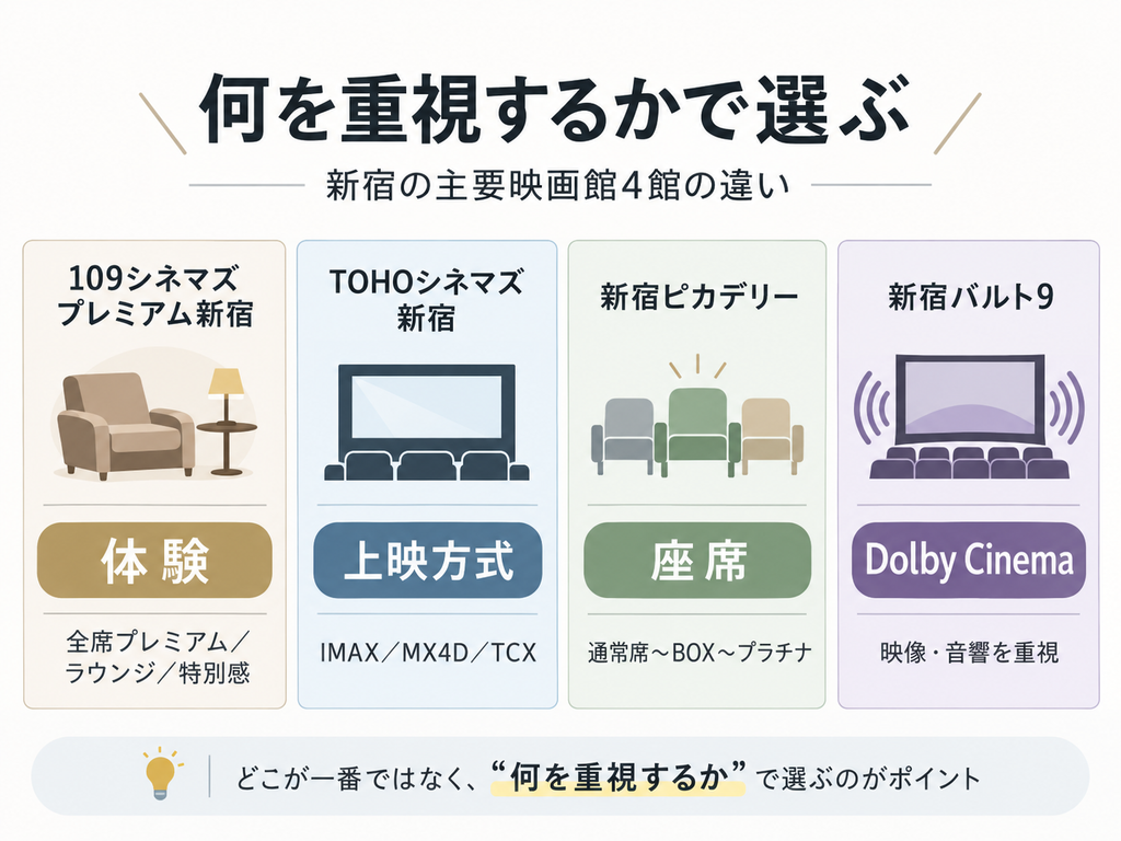 新宿の主要映画館4館を、体験・上映方式・座席・Dolby Cinemaという重視ポイントで整理した比較図