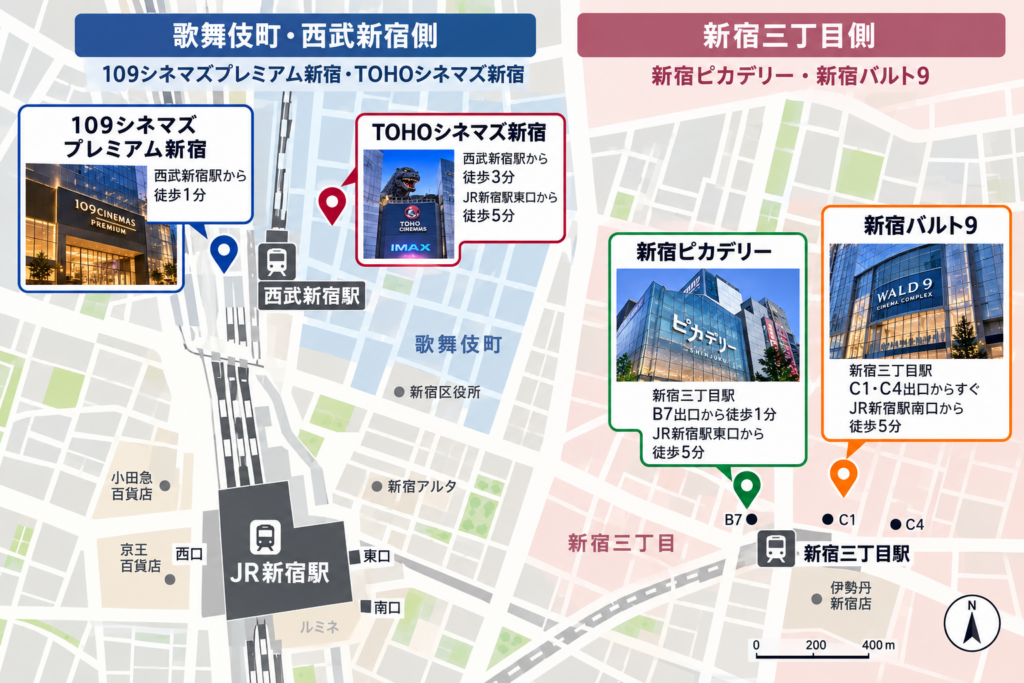 新宿の主要映画館4館とJR新宿駅・西武新宿駅・新宿三丁目駅の位置関係を示した簡易マップ
