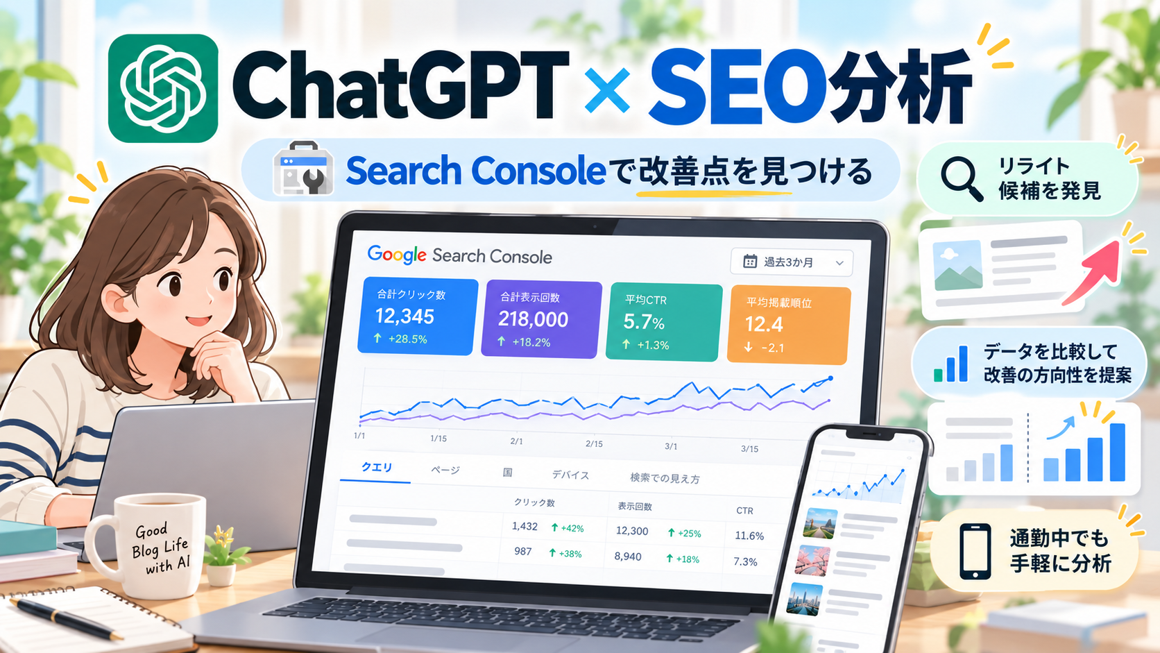 ChatGPTとGoogle Search Consoleを使ったブログSEO分析のイメージ。検索データを比較し、リライト候補を探す様子