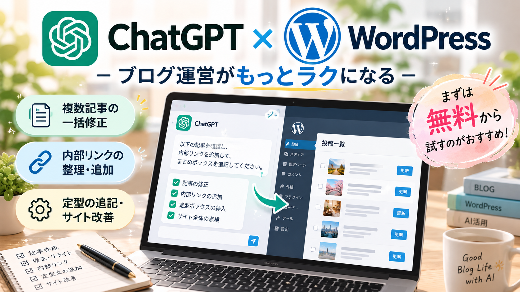 ChatGPTとWordPressをWPVibeで連携し、複数記事を管理するイメージ