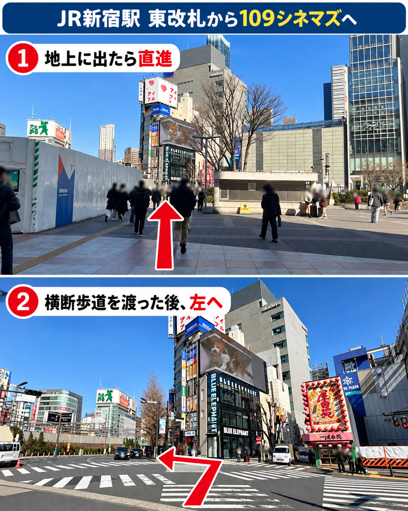 JR新宿駅東改札から地上に出て直進し、横断歩道を渡った後に左へ進む109シネマズプレミアム新宿への道順