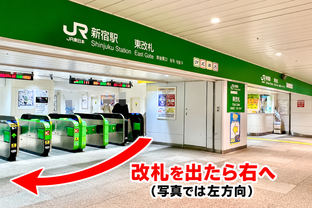 JR新宿駅東改札の外観と、改札を出たら右へ進む方向を示した案内画像
